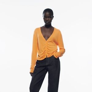 Zara Orange Light Knit Ruched Front Long Sleeve Buttoned Cardigan Sweater
